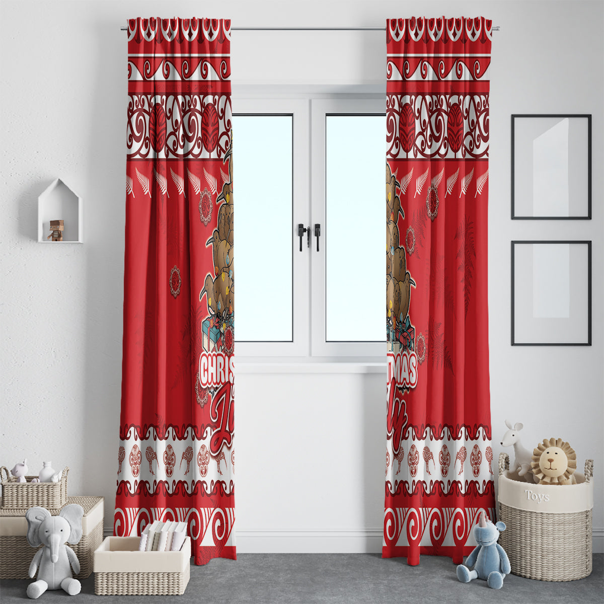 New Zealand Christmas In July Window Curtain Maori Kiwi Xmas Tree - Red LT05 - Polynesian Pride
