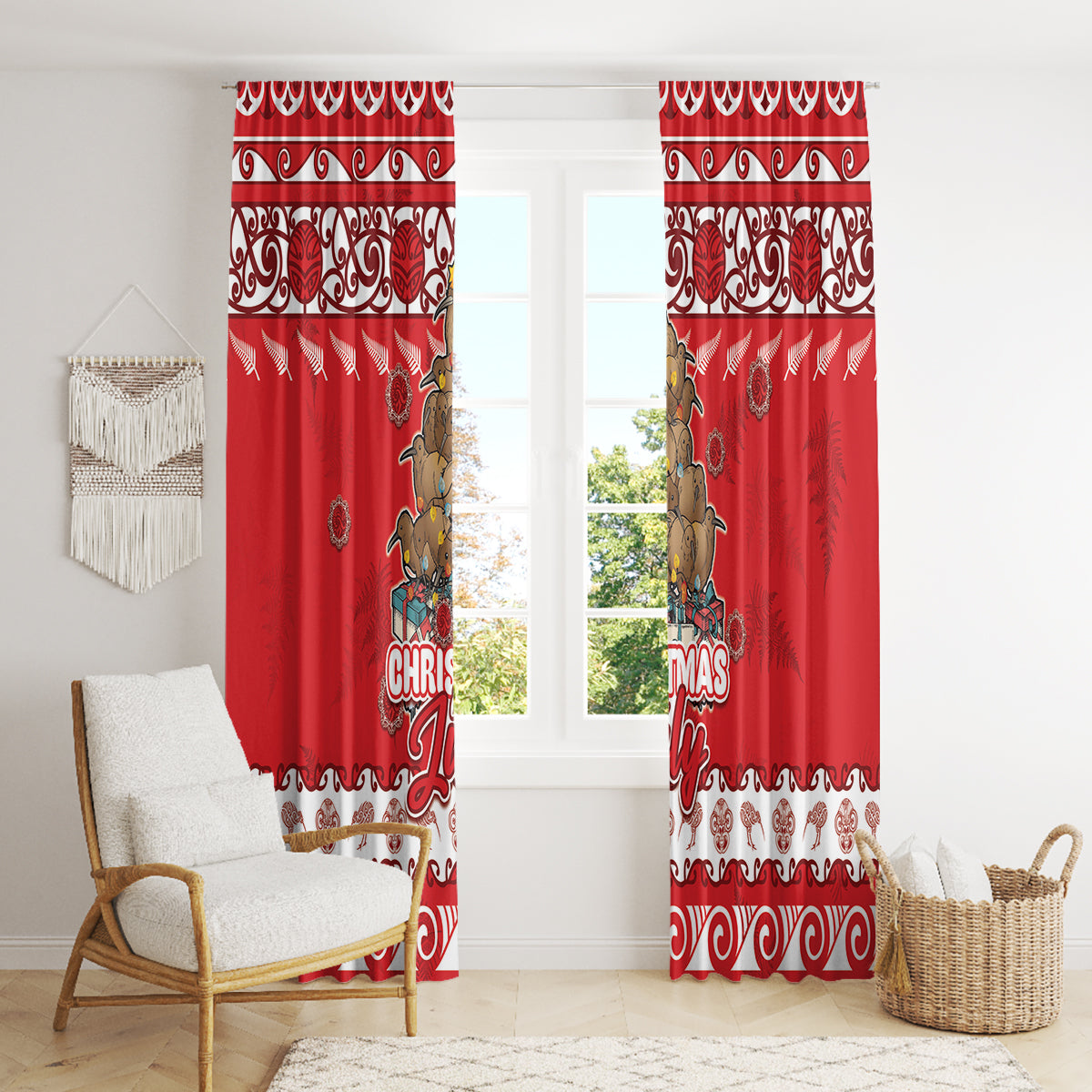 New Zealand Christmas In July Window Curtain Maori Kiwi Xmas Tree - Red LT05 - Polynesian Pride