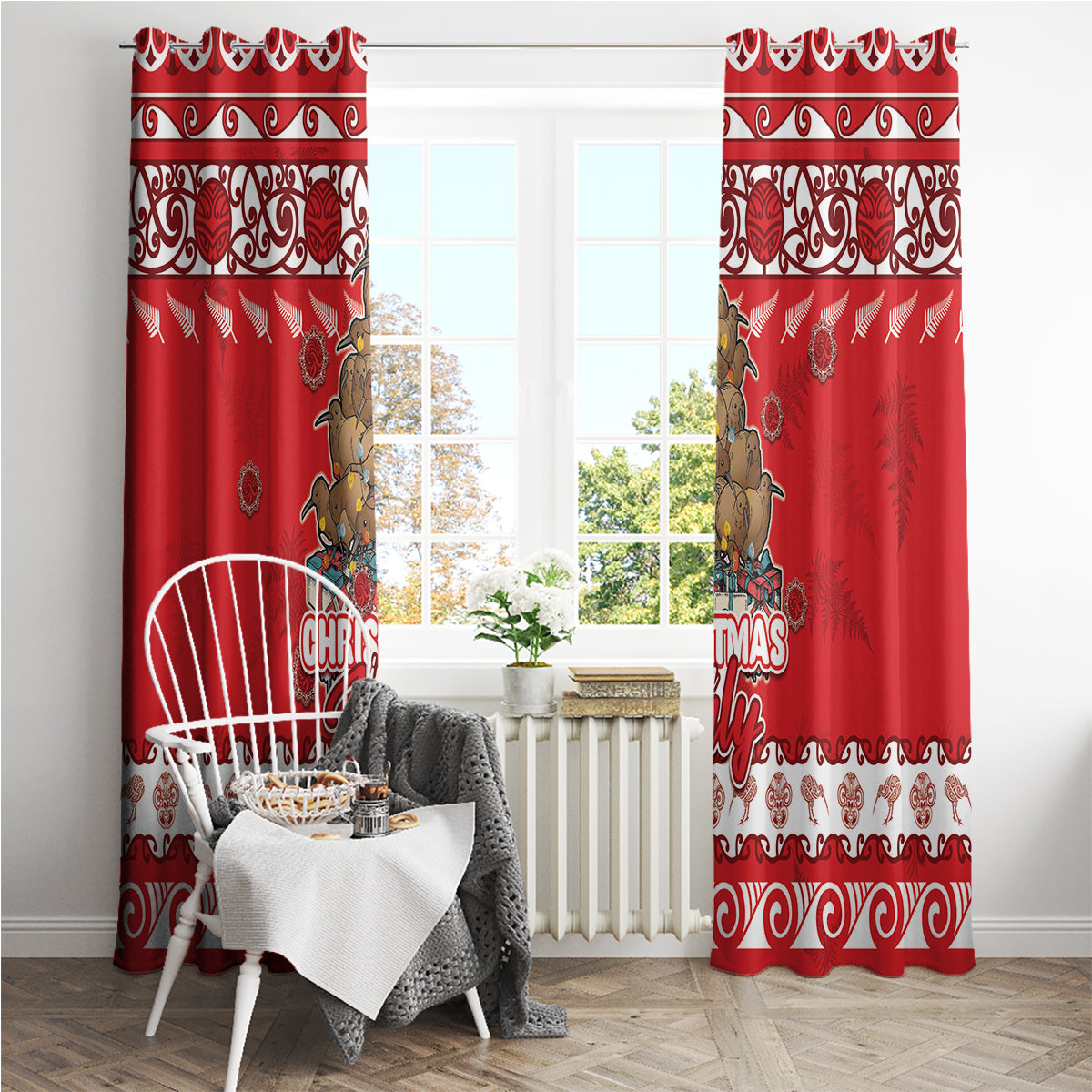 New Zealand Christmas In July Window Curtain Maori Kiwi Xmas Tree - Red LT05 - Polynesian Pride
