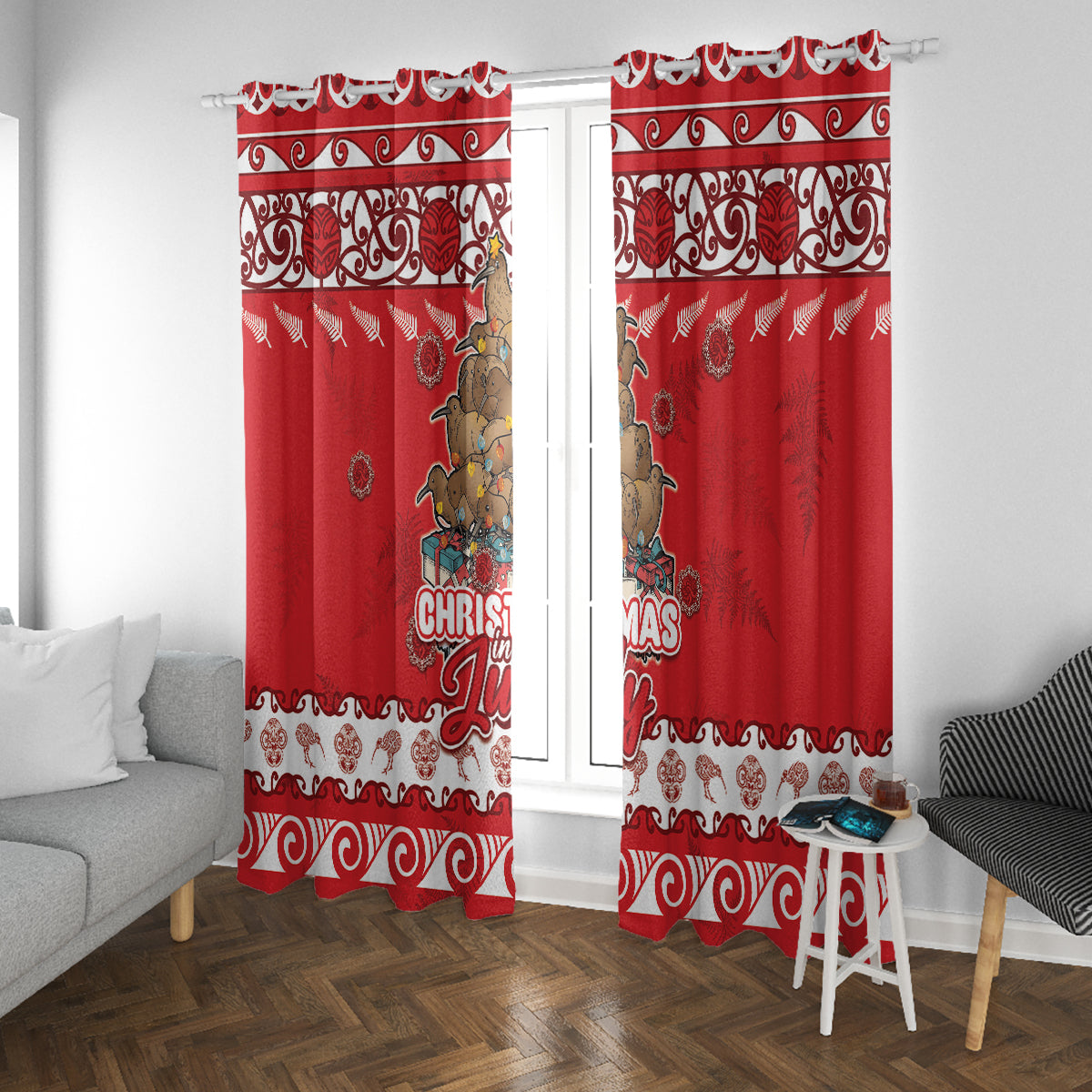 New Zealand Christmas In July Window Curtain Maori Kiwi Xmas Tree - Red LT05 With Grommets Red - Polynesian Pride