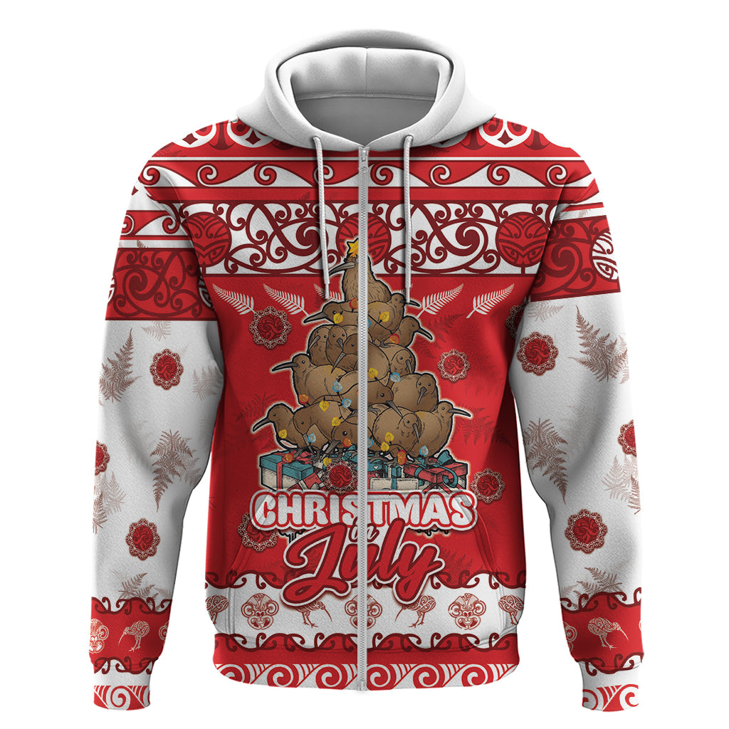 Personalised New Zealand Christmas In July Zip Hoodie Maori Kiwi Xmas Tree - Red LT05 Zip Hoodie Red - Polynesian Pride