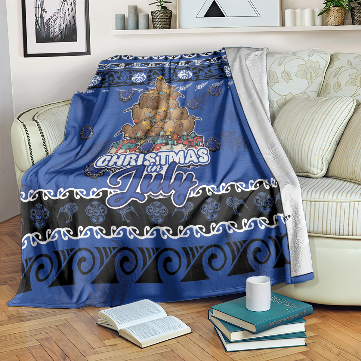 New Zealand July Christmas Blanket Maori Kiwi Xmas Tree - Blue LT05 Blue - Polynesian Pride