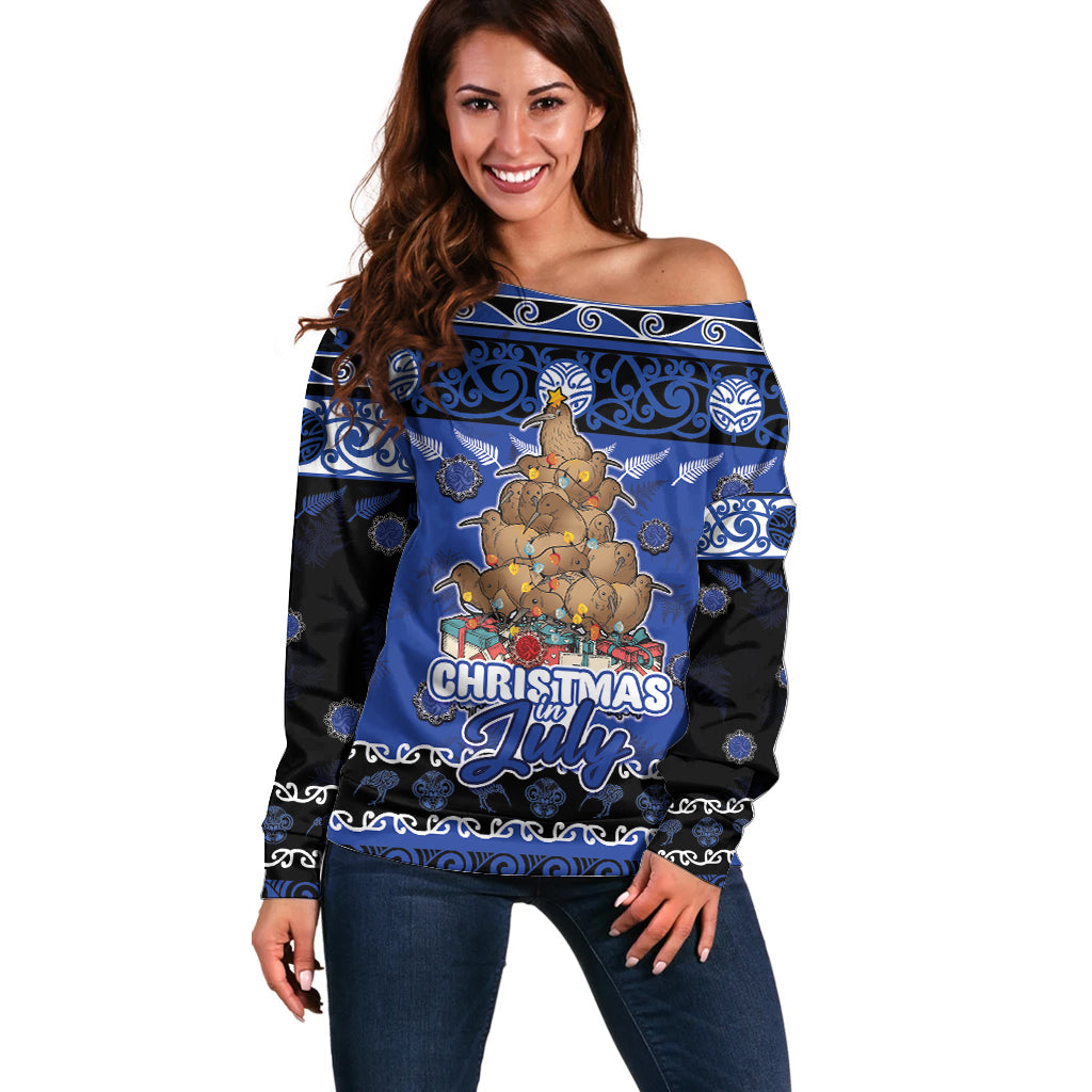 Personalised New Zealand July Christmas Off Shoulder Sweater Maori Kiwi Xmas Tree - Blue LT05 Women Blue - Polynesian Pride