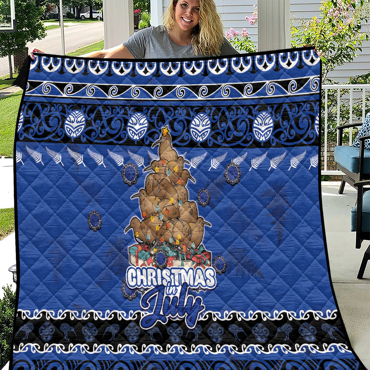 New Zealand July Christmas Quilt Maori Kiwi Xmas Tree - Blue