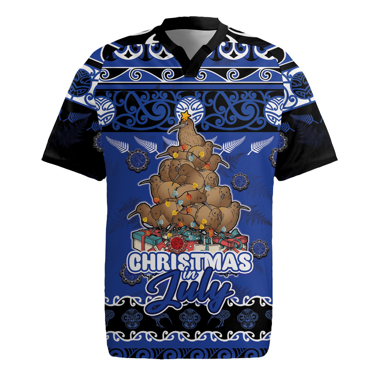 Personalised New Zealand July Christmas Rugby Jersey Maori Kiwi Xmas Tree - Blue LT05 Blue - Polynesian Pride