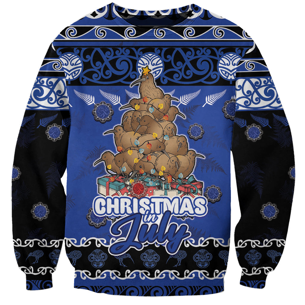 Personalised New Zealand July Christmas Sweatshirt Maori Kiwi Xmas Tree - Blue LT05 Unisex Blue - Polynesian Pride