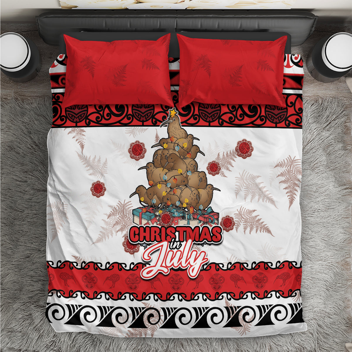 New Zealand July Christmas Bedding Set Maori Kiwi Xmas Tree - White