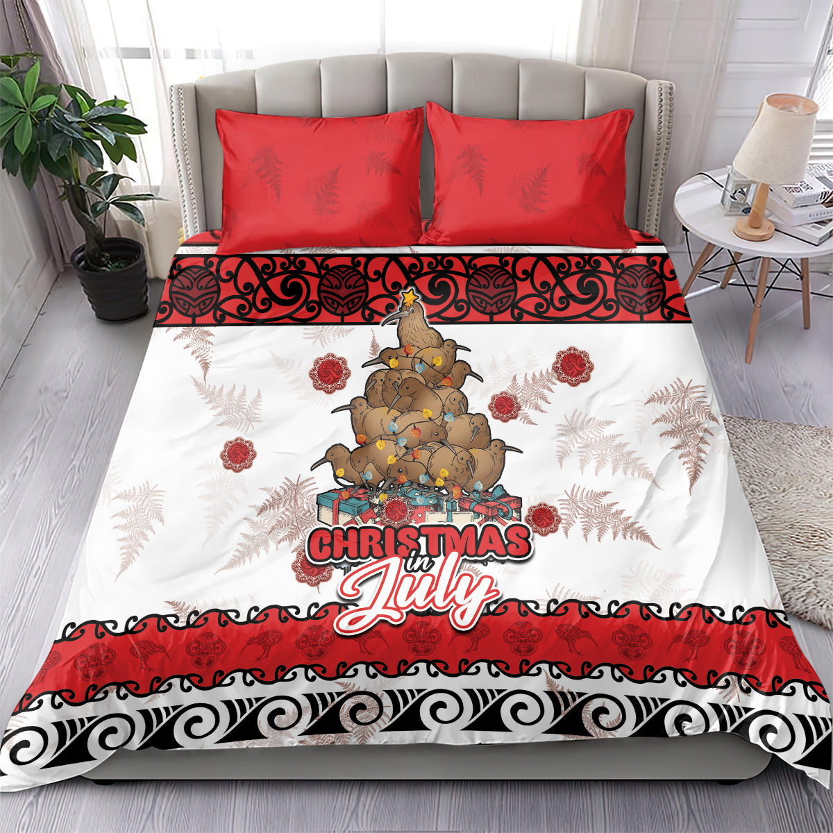 New Zealand July Christmas Bedding Set Maori Kiwi Xmas Tree - White LT05 - Polynesian Pride