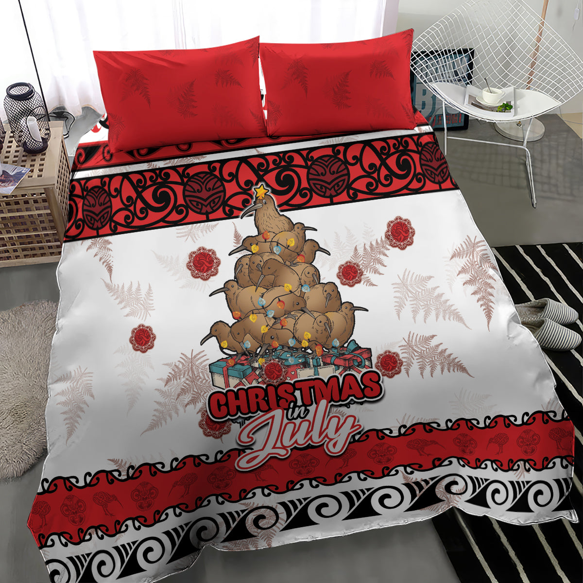 New Zealand July Christmas Bedding Set Maori Kiwi Xmas Tree - White LT05 - Polynesian Pride