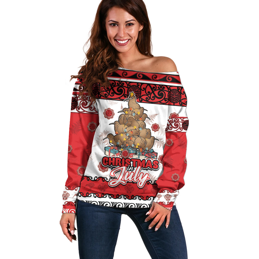 Personalised New Zealand July Christmas Off Shoulder Sweater Maori Kiwi Xmas Tree - White LT05 Women White - Polynesian Pride