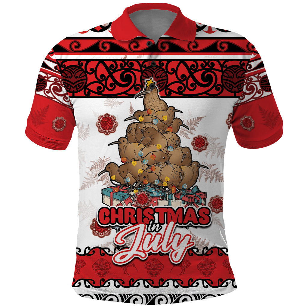 Personalised New Zealand July Christmas Polo Shirt Maori Kiwi Xmas Tree - White