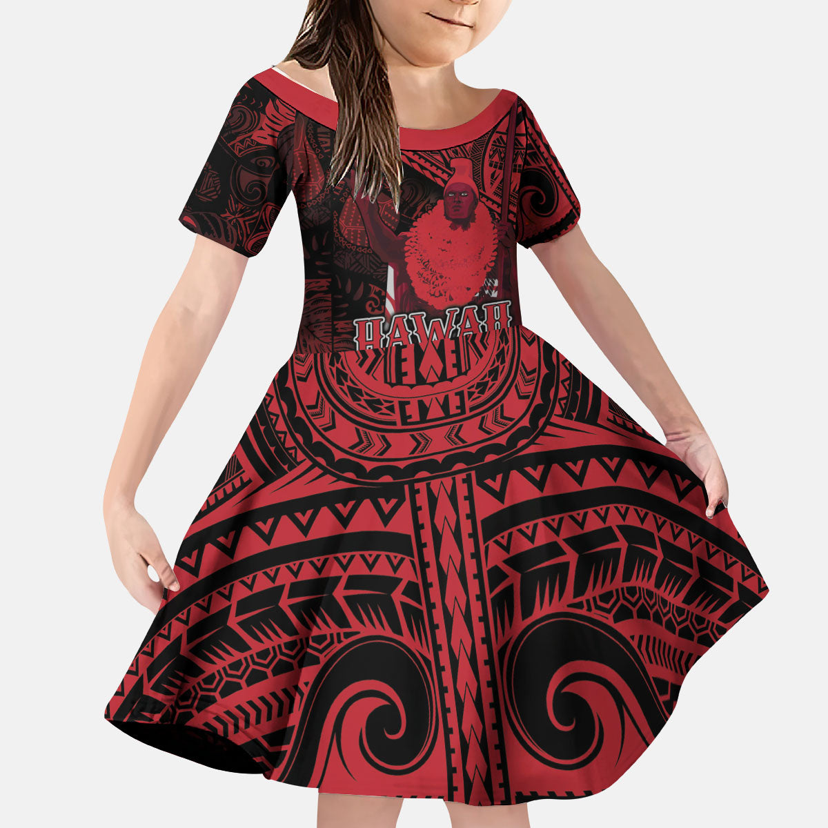 Hawaii King Kamehameha Kid Short Sleeve Dress With Hawaiian Ipu Motifs Red Version LT05 KID Red - Polynesian Pride