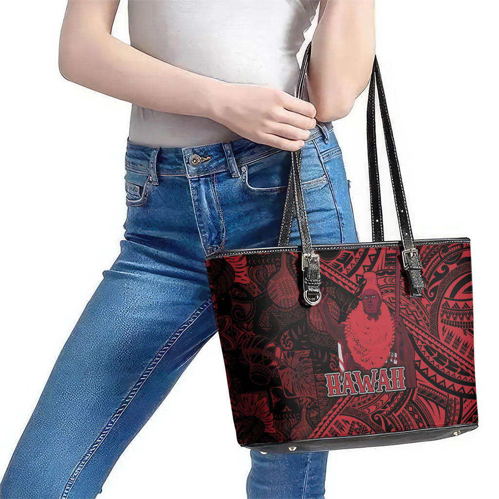 Hawaii King Kamehameha Leather Tote Bag With Hawaiian Ipu Motifs Red Version LT05 - Polynesian Pride