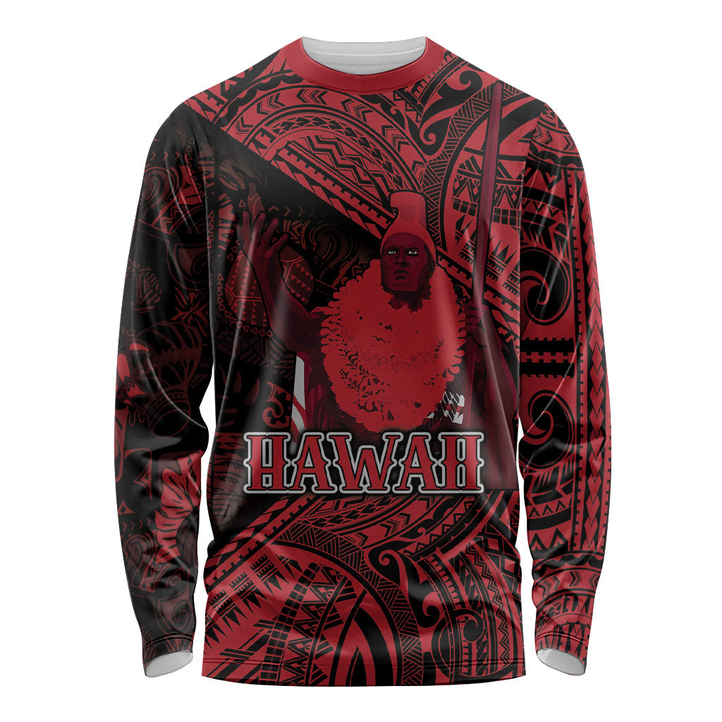 Hawaii King Kamehameha Long Sleeve Shirt With Hawaiian Ipu Motifs Red Version LT05 Unisex Red - Polynesian Pride