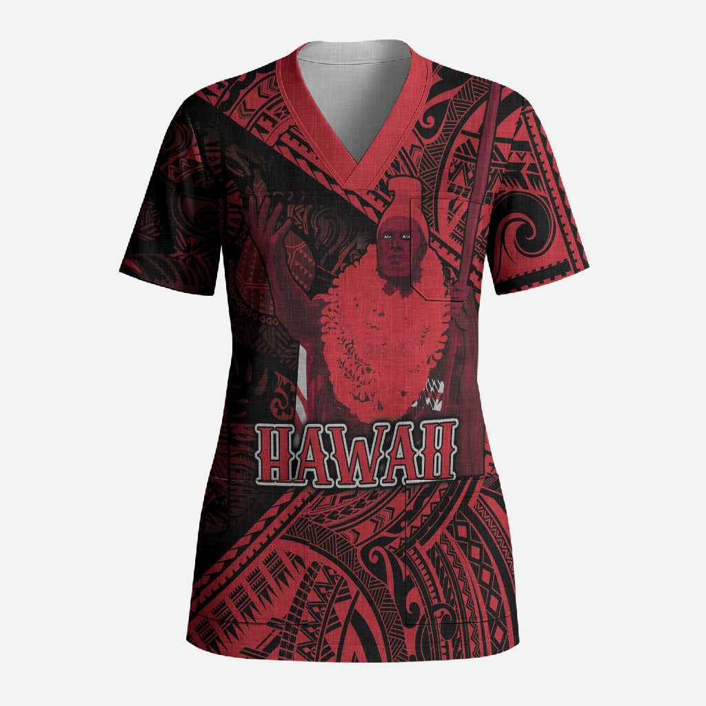 Hawaii King Kamehameha Scrub Top With Hawaiian Ipu Motifs Red Version LT05 Adult Red - Polynesian Pride