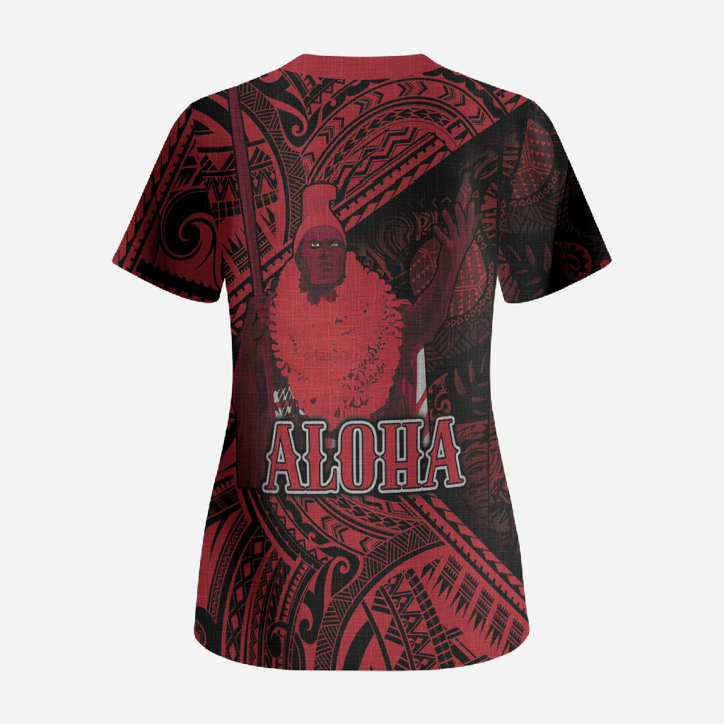 Hawaii King Kamehameha Scrub Top With Hawaiian Ipu Motifs Red Version LT05 - Polynesian Pride