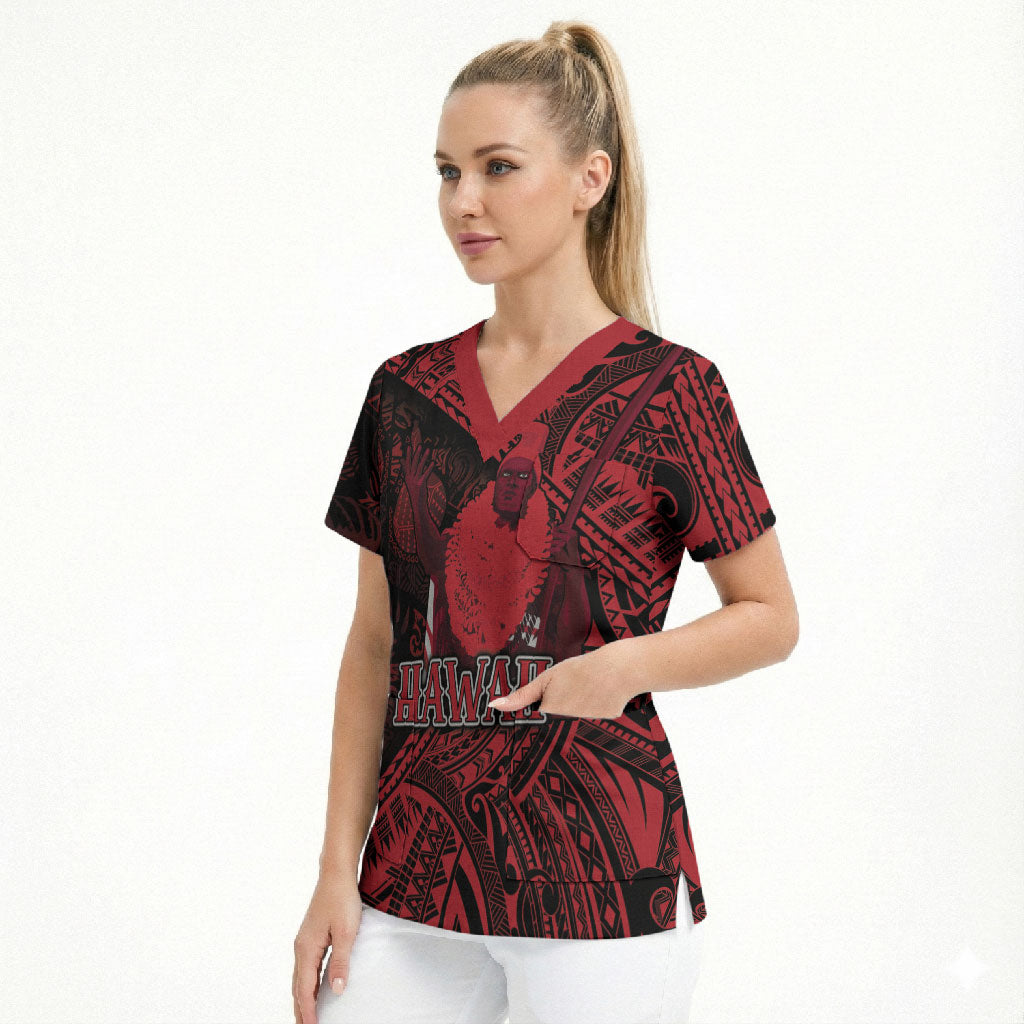 Hawaii King Kamehameha Scrub Top With Hawaiian Ipu Motifs Red Version LT05 - Polynesian Pride