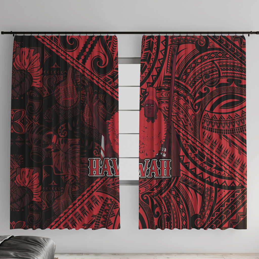 Hawaii King Kamehameha Window Curtain With Hawaiian Ipu Motifs Red Version LT05 With Hooks Red - Polynesian Pride