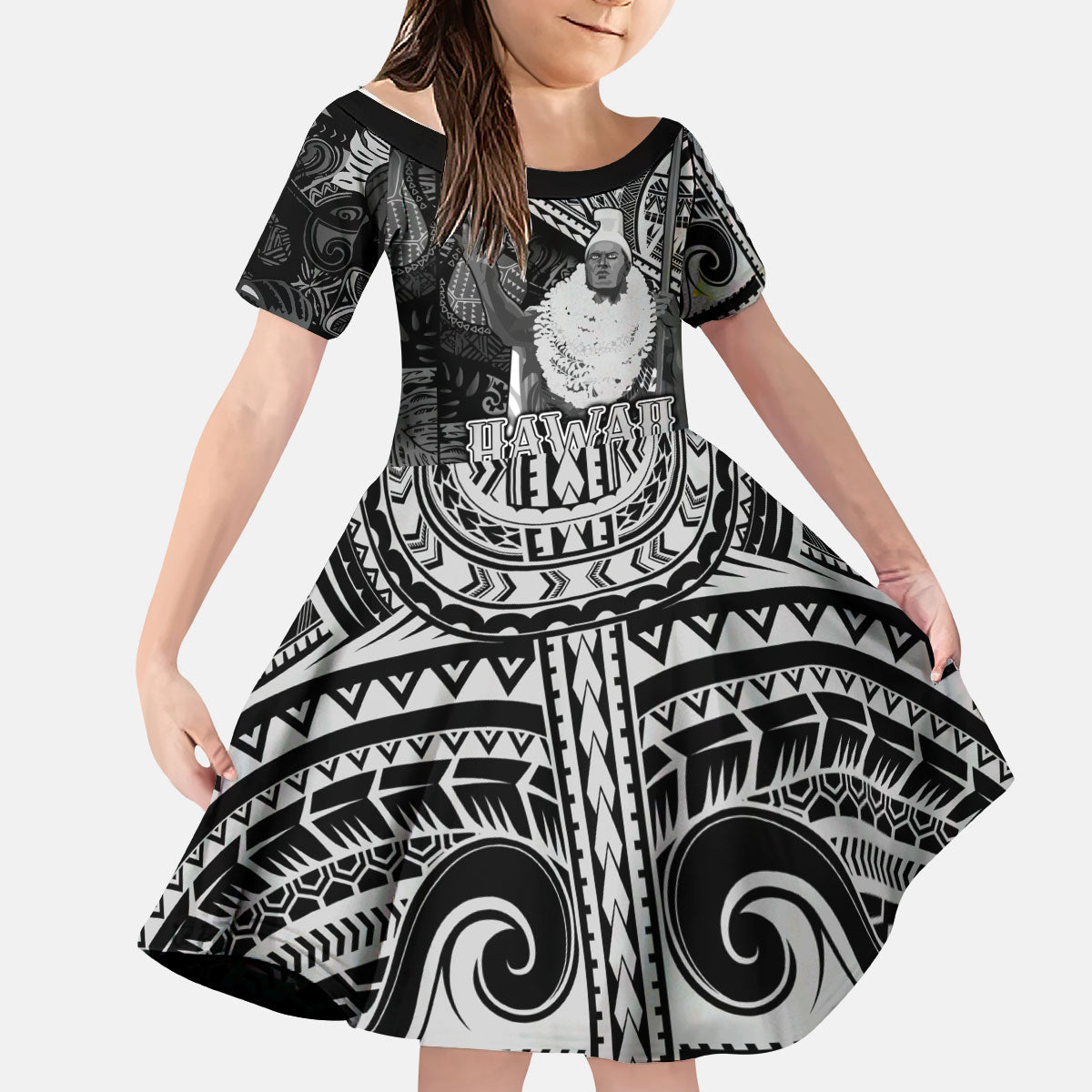 Hawaii King Kamehameha Kid Short Sleeve Dress With Hawaiian Ipu Motifs Black Version LT05 KID Black - Polynesian Pride