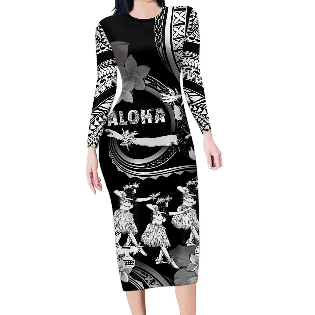 Hawaii Beautiful Hula Dancers Long Sleeve Bodycon Dress With Ipu Keke And Pahu Drum LT05 Long Dress Black - Polynesian Pride