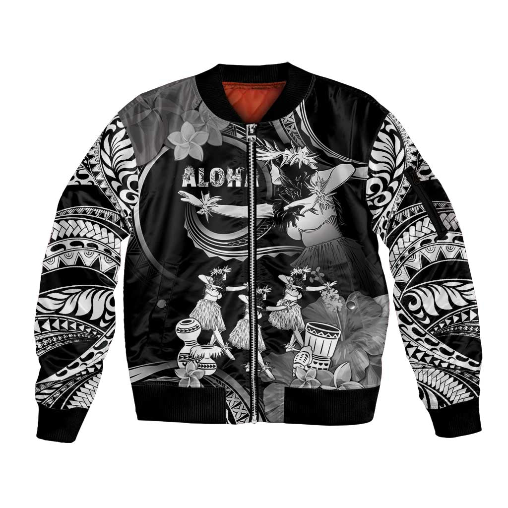 Hawaii Beautiful Hula Dancers Sleeve Zip Bomber Jacket With Ipu Keke And Pahu Drum LT05 Unisex Black - Polynesian Pride