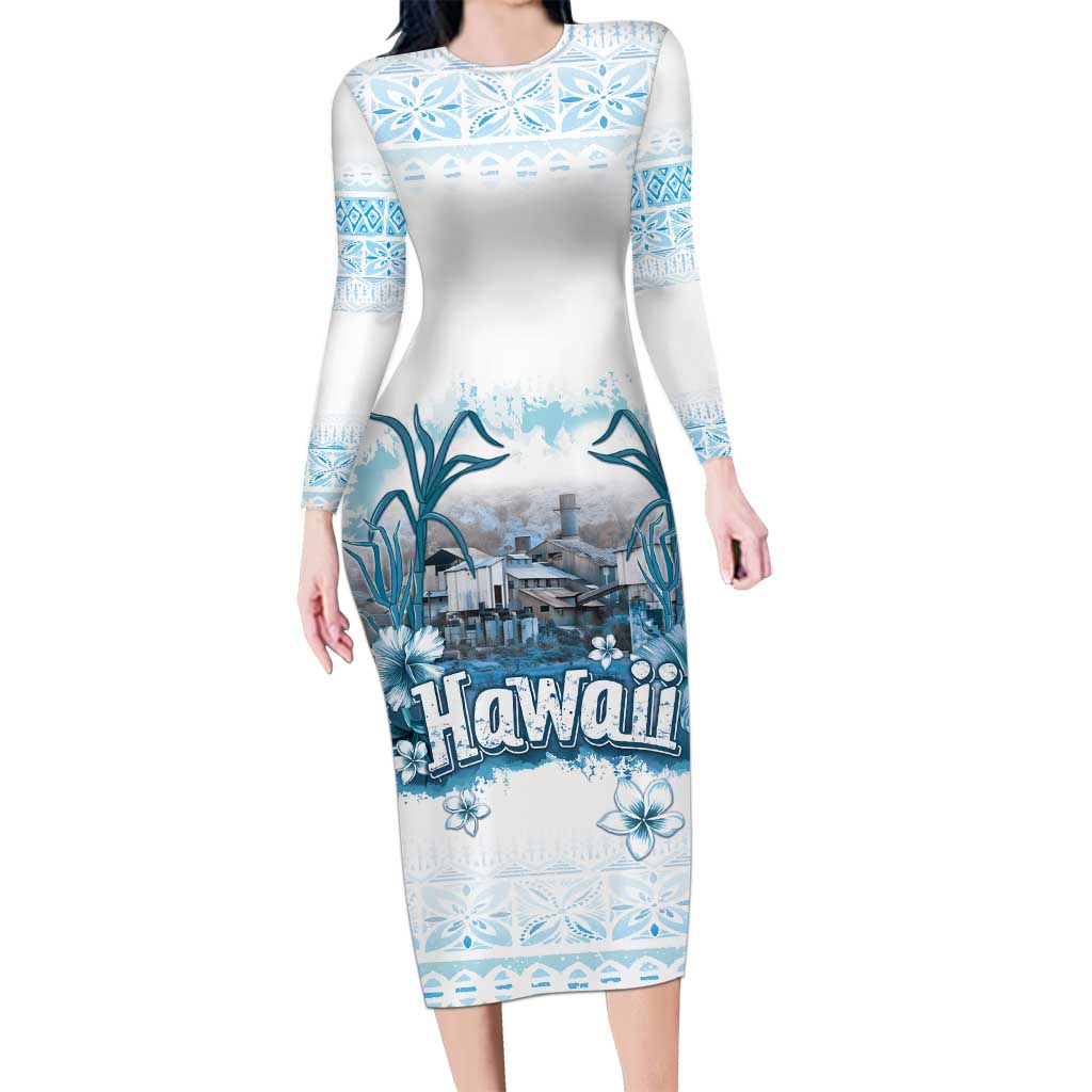 Hawaii Sugar Plantation Long Sleeve Bodycon Dress With Hawaiian Tapa Pattern LT05 Long Dress White - Polynesian Pride