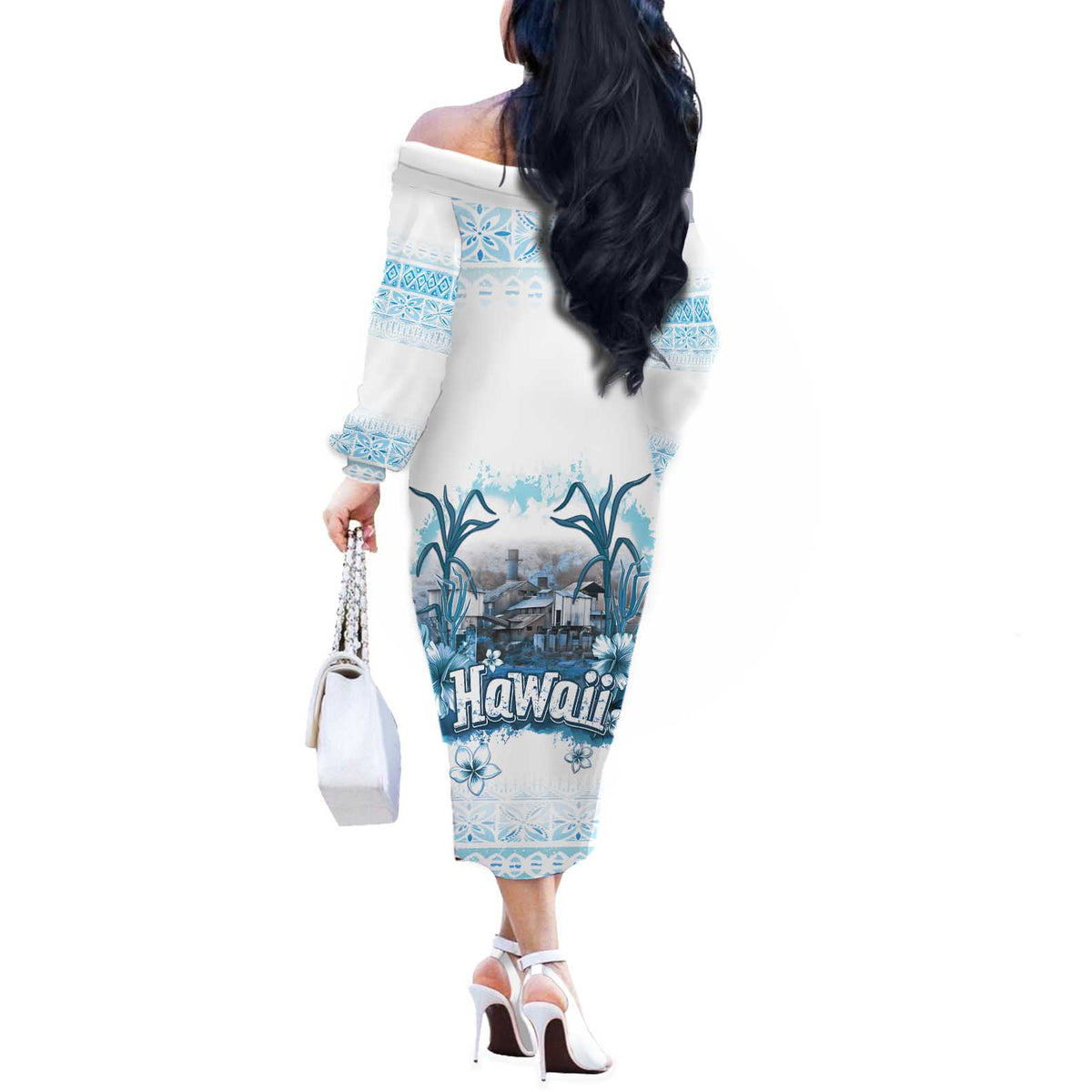 Hawaii Sugar Plantation Off The Shoulder Long Sleeve Dress With Hawaiian Tapa Pattern LT05 - Polynesian Pride