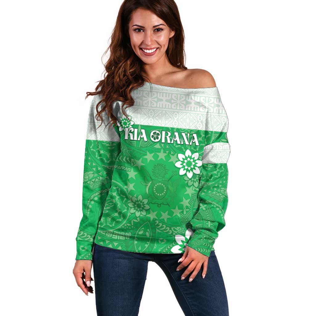 Cook Islands Maori Language Week Off Shoulder Sweater Pacific Tapa Pattern LT05 Women Green - Polynesian Pride