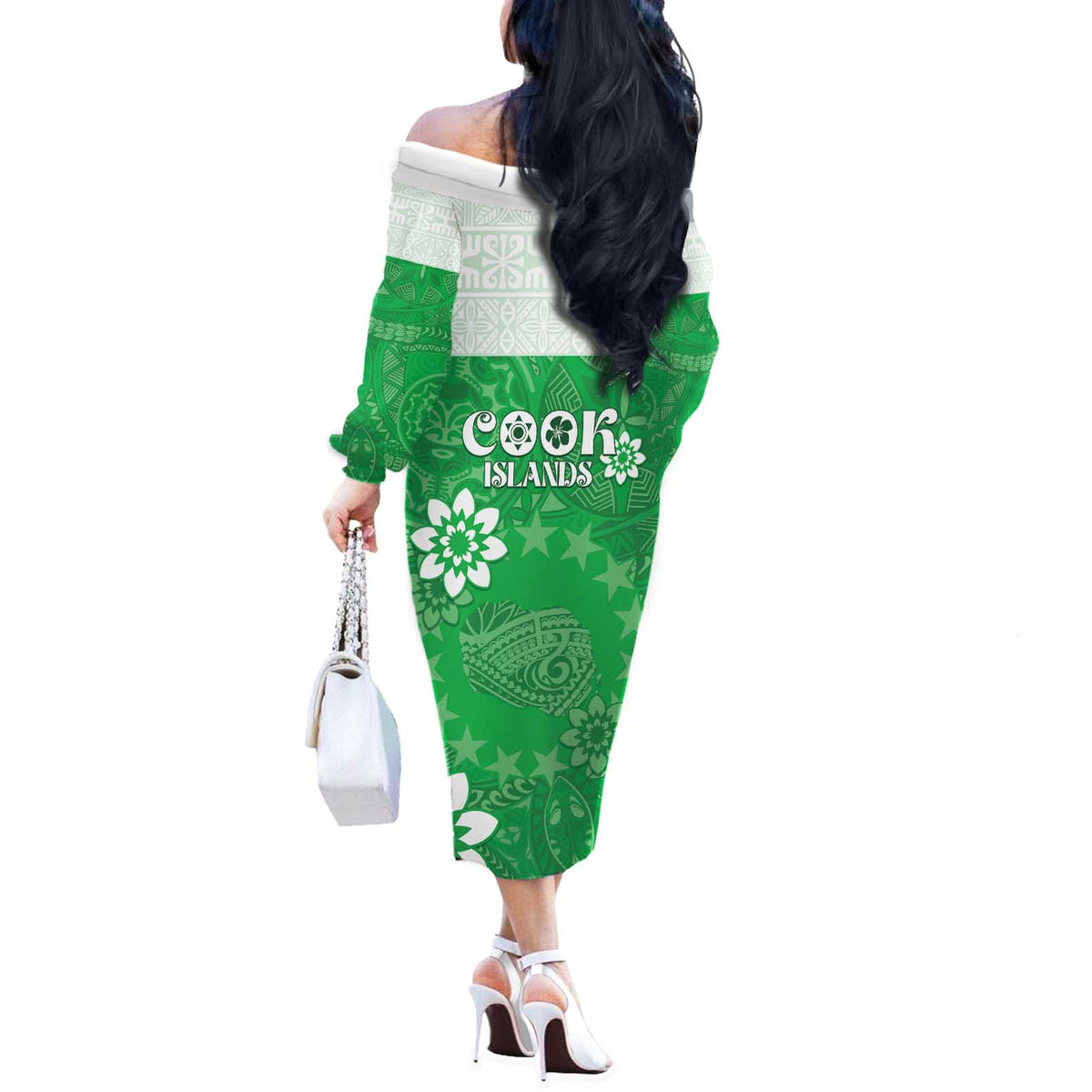 Cook Islands Maori Language Week Off The Shoulder Long Sleeve Dress Pacific Tapa Pattern LT05 - Polynesian Pride