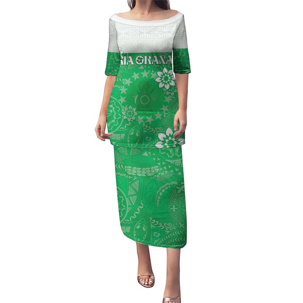 Cook Islands Maori Language Week Puletasi Pacific Tapa Pattern LT05 Long Dress Green - Polynesian Pride