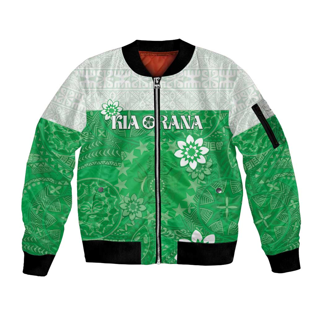 Cook Islands Maori Language Week Sleeve Zip Bomber Jacket Pacific Tapa Pattern LT05 Unisex Green - Polynesian Pride