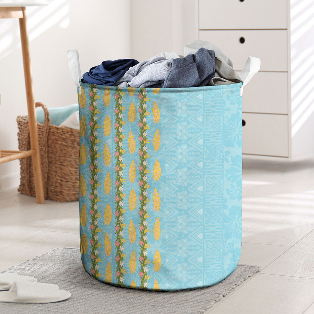 Hawaii Shell Tiare Anthurium Heliconia Lei Laundry Basket With Tapa Pattern Baby Blue LT05 Blue - Polynesian Pride