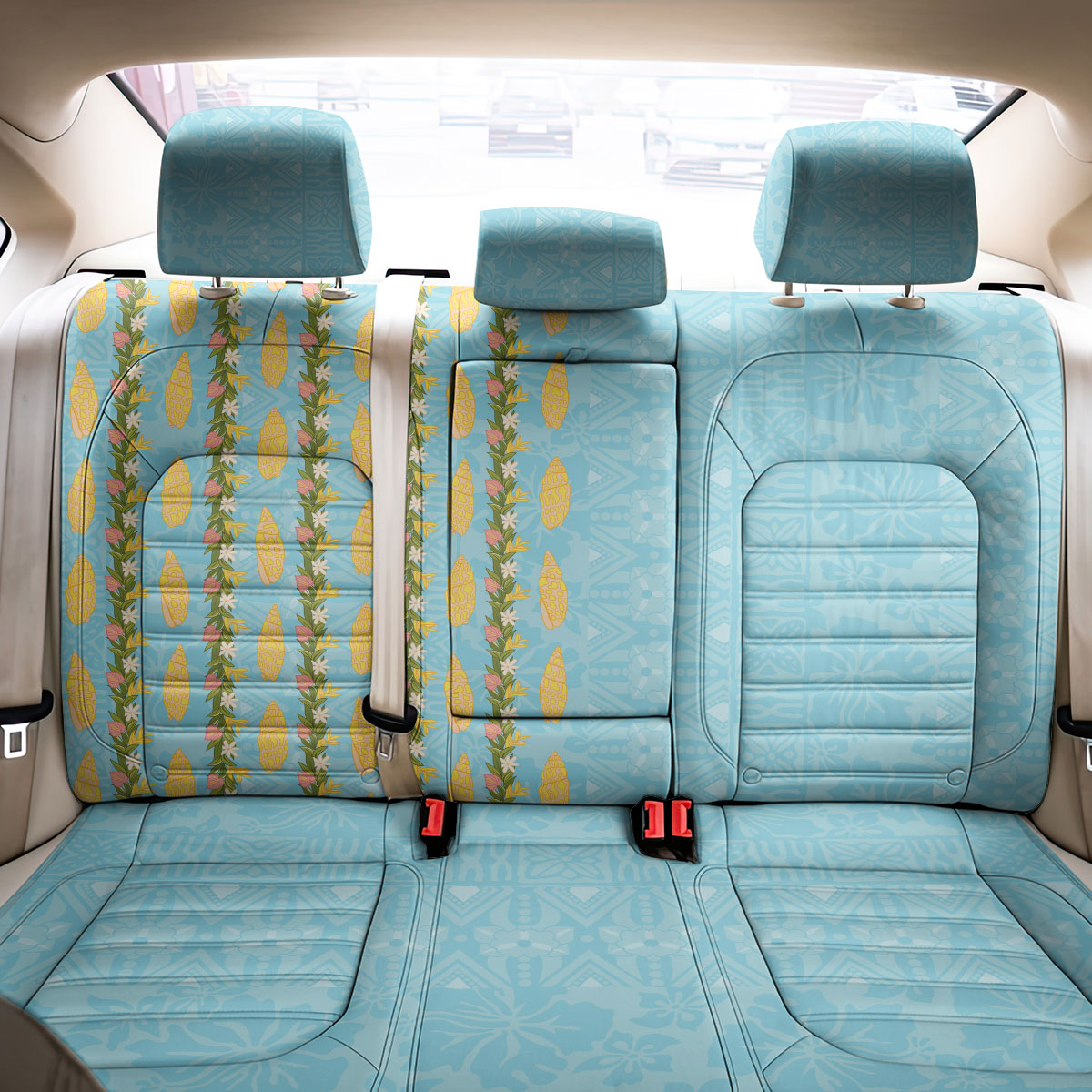 Hawaii Shell Tiare Anthurium Heliconia Lei Back Car Seat Cover With Tapa Pattern Baby Blue LT05 - Polynesian Pride