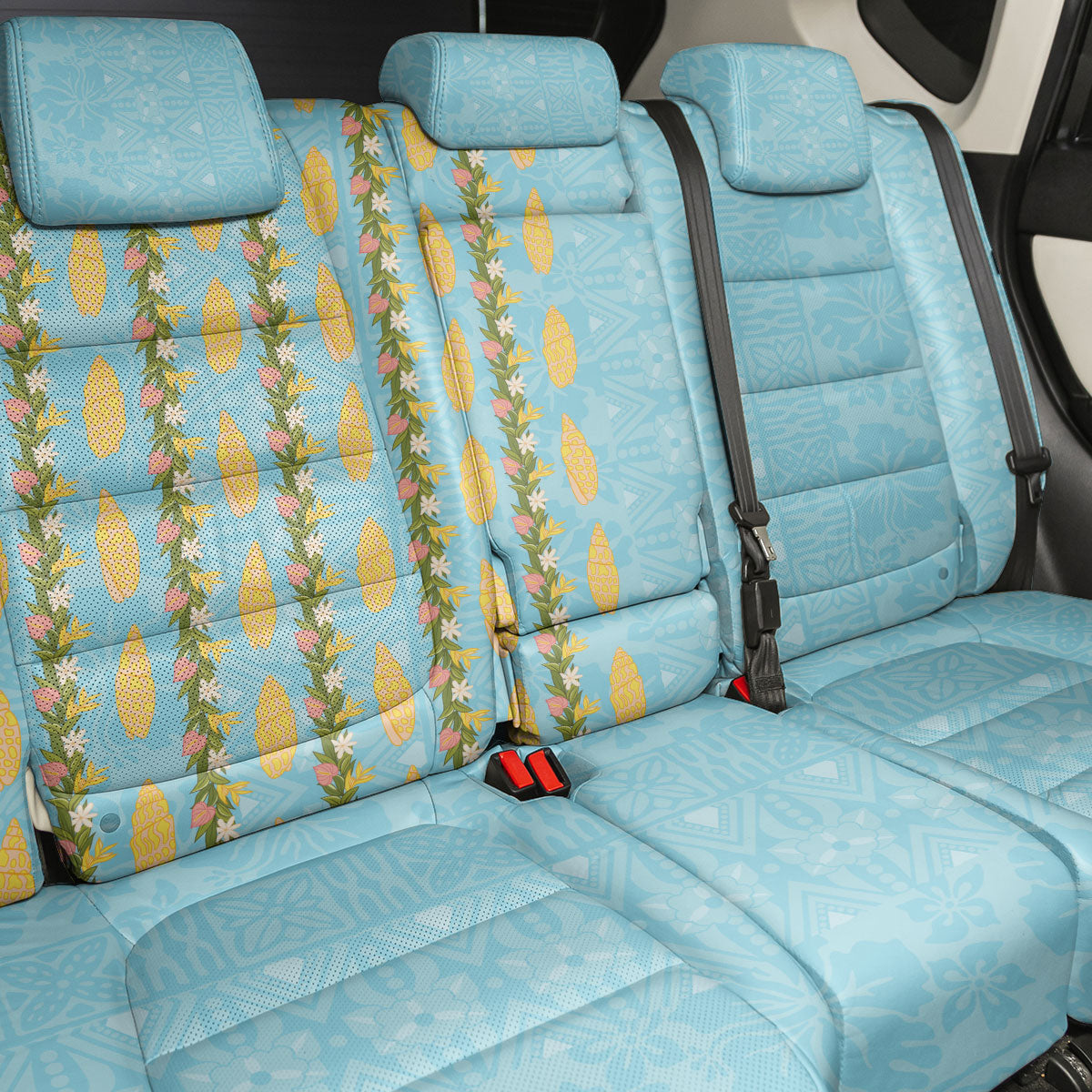 Hawaii Shell Tiare Anthurium Heliconia Lei Back Car Seat Cover With Tapa Pattern Baby Blue LT05 - Polynesian Pride