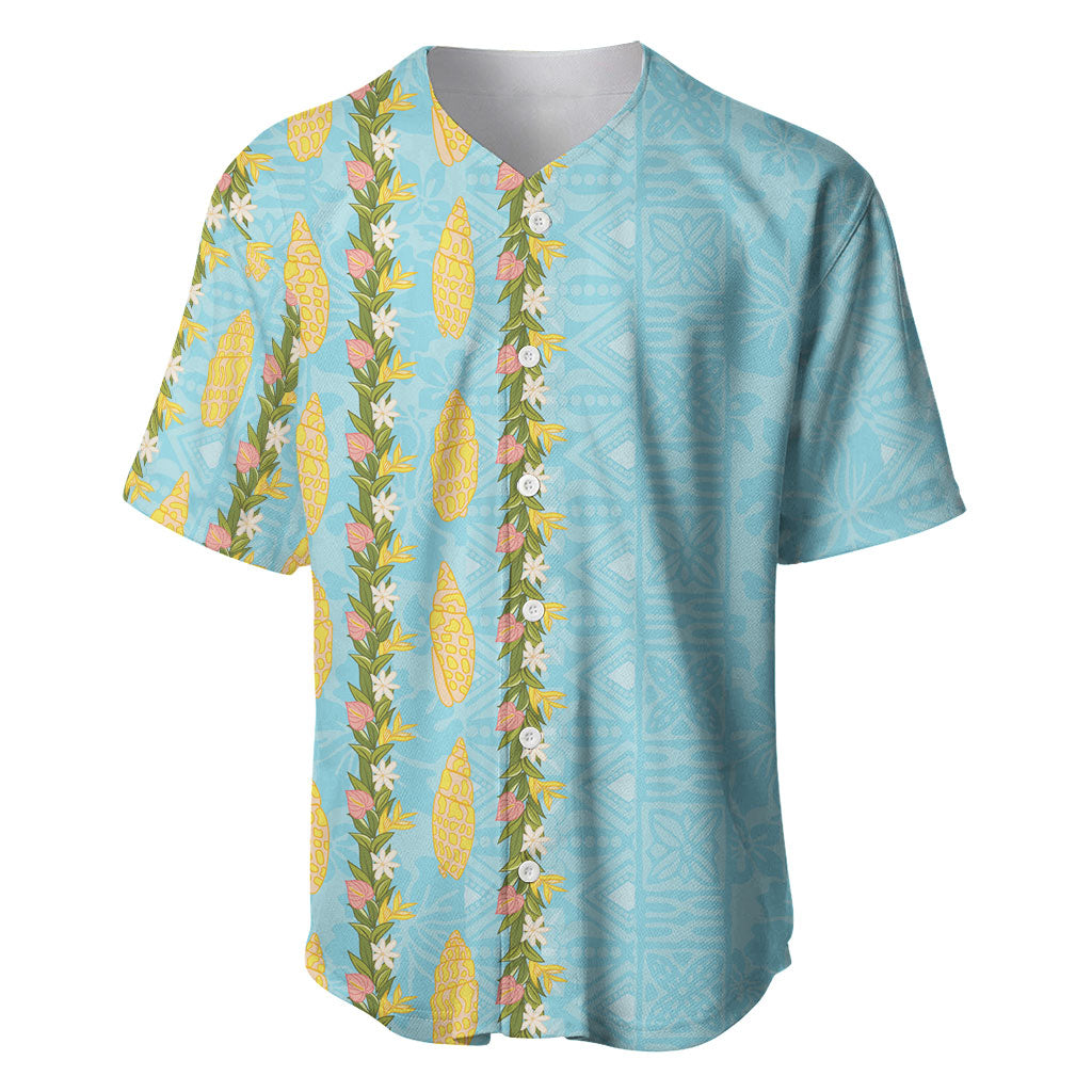 Hawaii Shell Tiare Anthurium Heliconia Lei Baseball Jersey With Tapa Pattern Baby Blue LT05 Blue - Polynesian Pride
