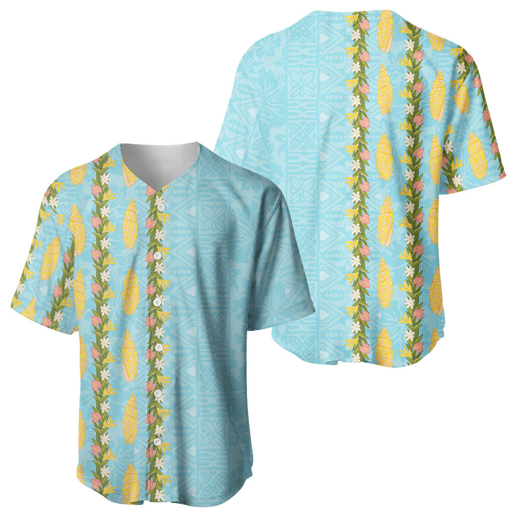 Hawaii Shell Tiare Anthurium Heliconia Lei Baseball Jersey With Tapa Pattern Baby Blue LT05 - Polynesian Pride