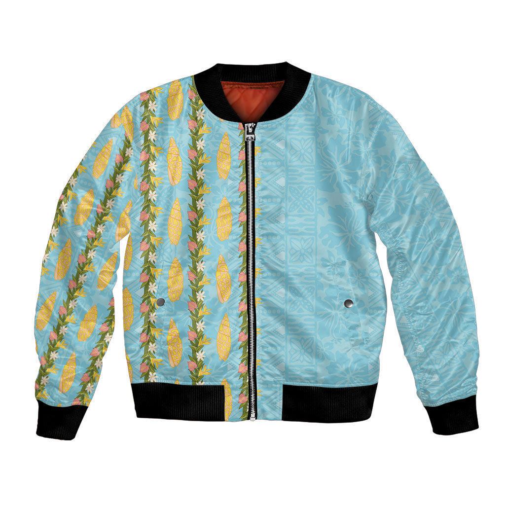 Hawaii Shell Tiare Anthurium Heliconia Lei Bomber Jacket With Tapa Pattern Baby Blue LT05 Unisex Blue - Polynesian Pride