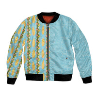 Hawaii Shell Tiare Anthurium Heliconia Lei Bomber Jacket With Tapa Pattern Baby Blue LT05 Unisex Blue - Polynesian Pride