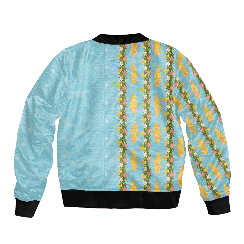 Hawaii Shell Tiare Anthurium Heliconia Lei Bomber Jacket With Tapa Pattern Baby Blue LT05 - Polynesian Pride