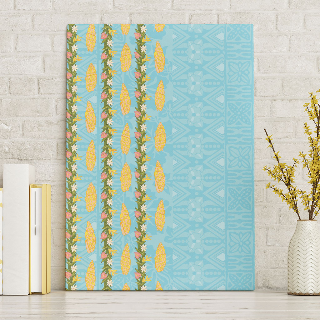 Hawaii Shell Tiare Anthurium Heliconia Lei Canvas Wall Art With Tapa Pattern Baby Blue LT05 Without Frame Blue - Polynesian Pride