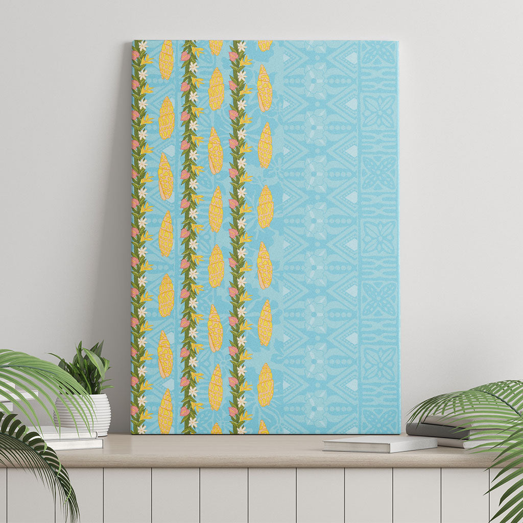 Hawaii Shell Tiare Anthurium Heliconia Lei Canvas Wall Art With Tapa Pattern Baby Blue LT05 - Polynesian Pride