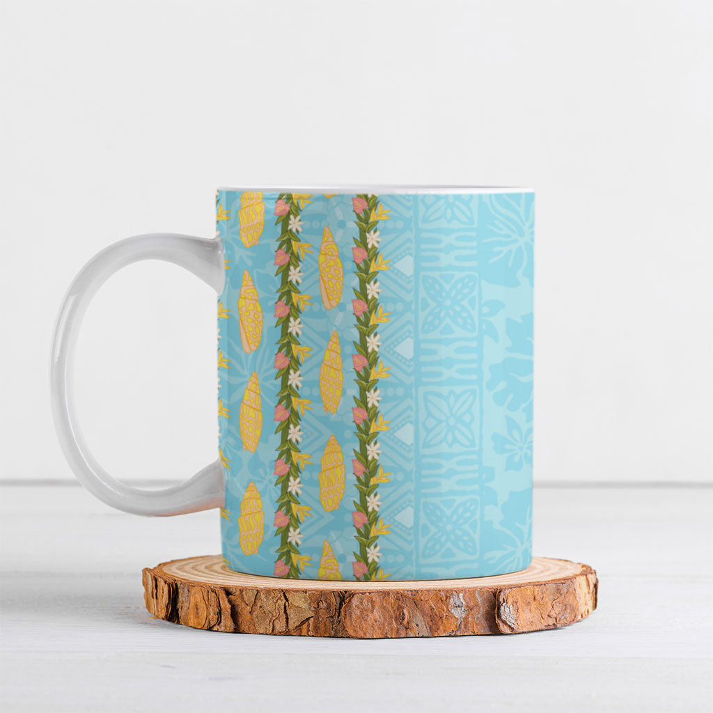 Hawaii Shell Tiare Anthurium Heliconia Lei Ceramic Mug With Tapa Pattern Baby Blue LT05 Blue - Polynesian Pride