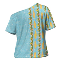 Hawaii Shell Tiare Anthurium Heliconia Lei Cross Shoulder Shirt With Tapa Pattern Baby Blue LT05 - Polynesian Pride