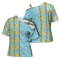Hawaii Shell Tiare Anthurium Heliconia Lei Cross Shoulder Shirt With Tapa Pattern Baby Blue LT05 - Polynesian Pride