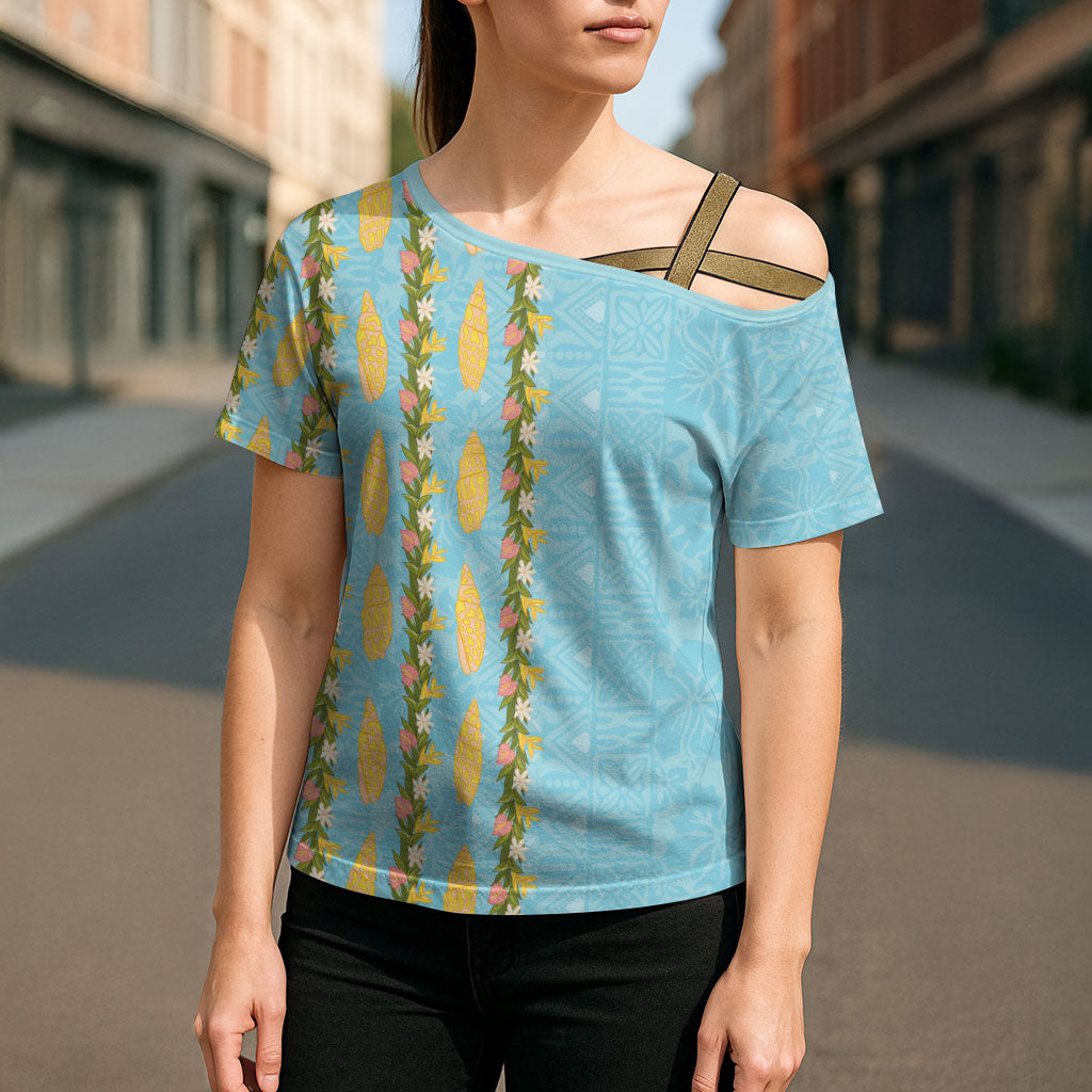 Hawaii Shell Tiare Anthurium Heliconia Lei Cross Shoulder Shirt With Tapa Pattern Baby Blue LT05 - Polynesian Pride