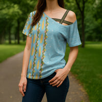 Hawaii Shell Tiare Anthurium Heliconia Lei Cross Shoulder Shirt With Tapa Pattern Baby Blue LT05 - Polynesian Pride