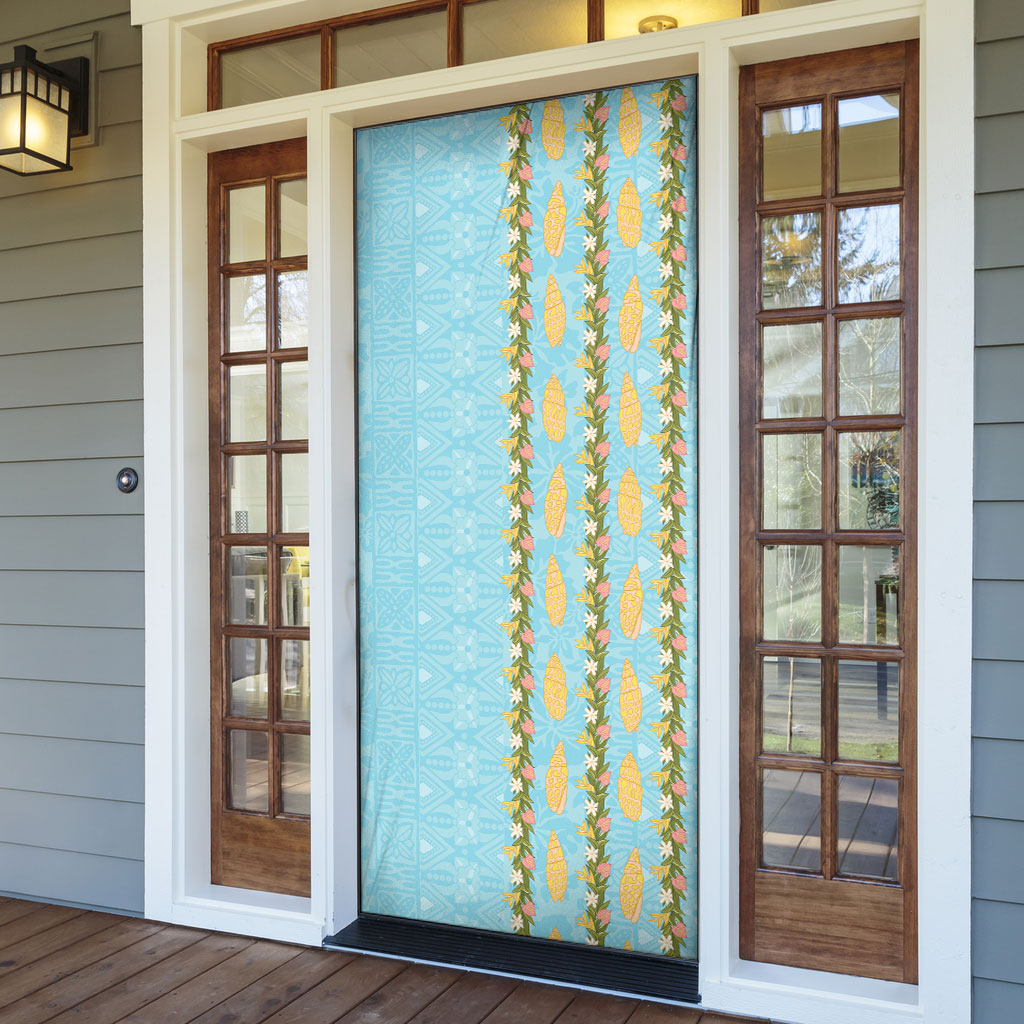 Hawaii Shell Tiare Anthurium Heliconia Lei Door Cover With Tapa Pattern Baby Blue LT05 - Polynesian Pride