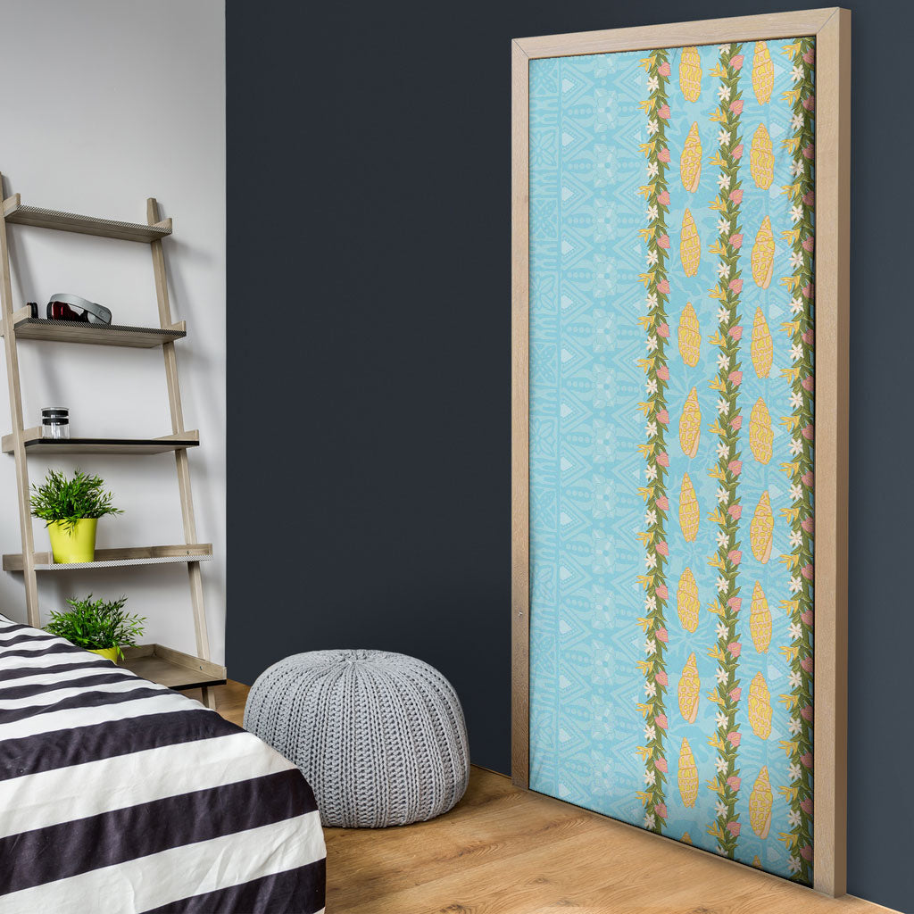 Hawaii Shell Tiare Anthurium Heliconia Lei Door Cover With Tapa Pattern Baby Blue LT05 - Polynesian Pride