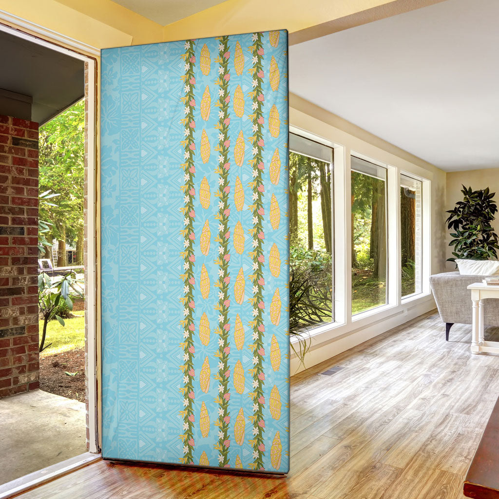 Hawaii Shell Tiare Anthurium Heliconia Lei Door Cover With Tapa Pattern Baby Blue LT05 - Polynesian Pride