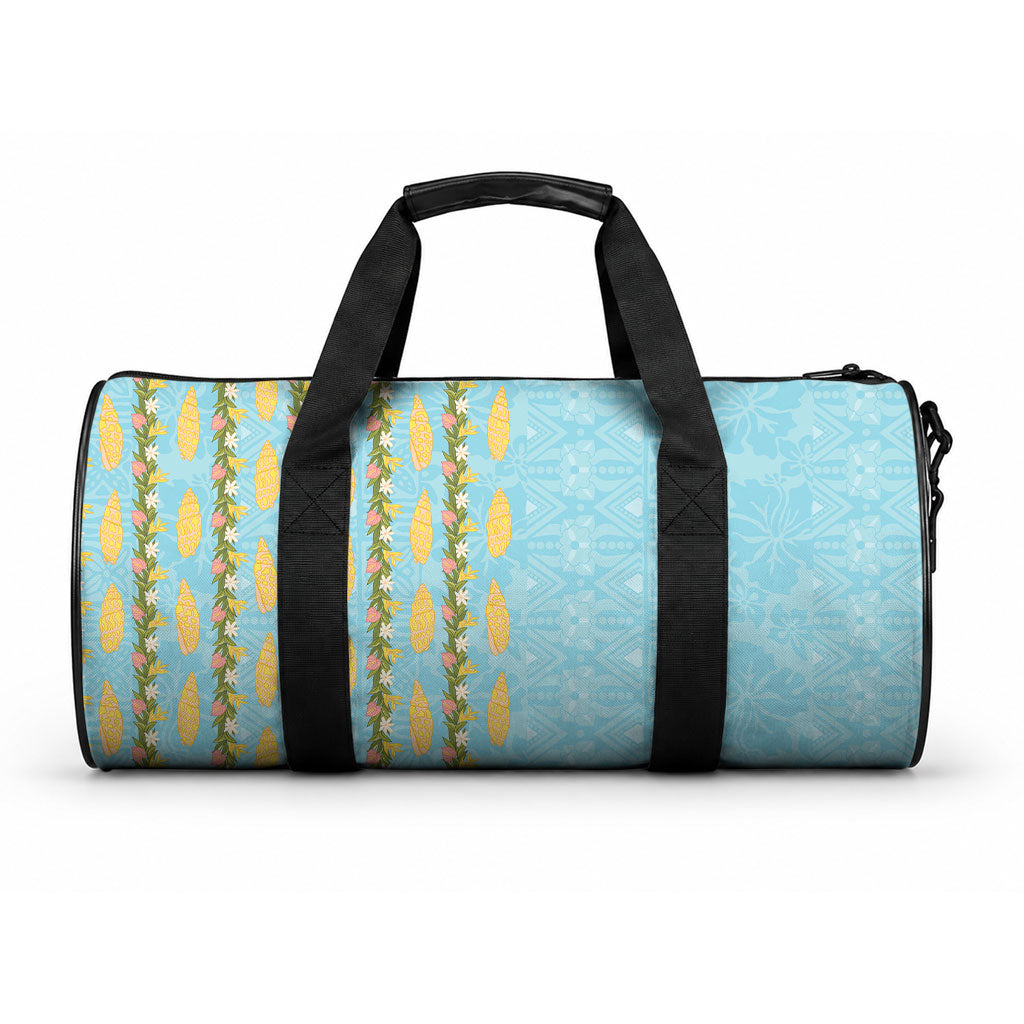Hawaii Shell Tiare Anthurium Heliconia Lei Duffle Bag With Tapa Pattern Baby Blue LT05 One size Blue - Polynesian Pride